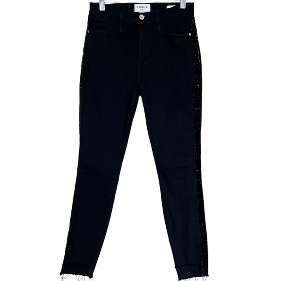 FRAME Le High Skinny Velvet Tux Raw Hem Jeans Noir Size 26 - Picture 4 of 17